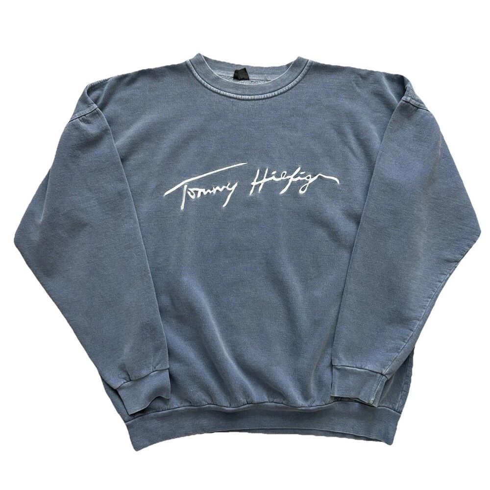 Vintage Tommy Hilfiger Script Logo Sweatshirt Mens XL Blue Spellout Faded